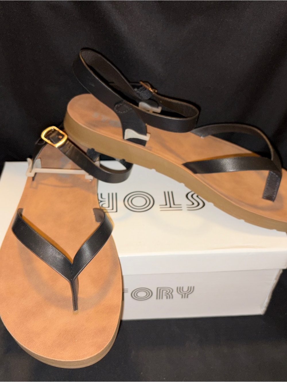 Story Black Leather Thong Sandals with Tan Footbed - Ashley